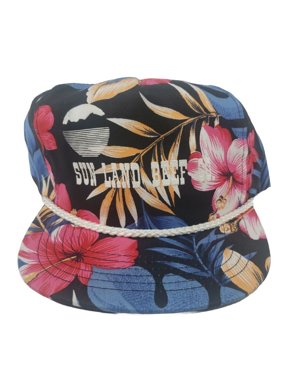 San Sun Vintage Sun Land Beef Co Hawaiian Print Snapback Hat Braided Cord NOS